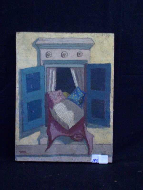 Artwork/Painting: Oil on board Murphy bed signed Ernest Stock. 16 inches high x 12 inches wide