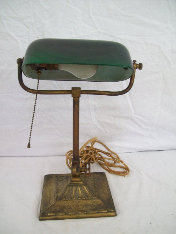 LIGHTING: STUDENT LAMP. SHADE CRACKED. 16 INCHES HIGH X 10 INCHES WIDE.