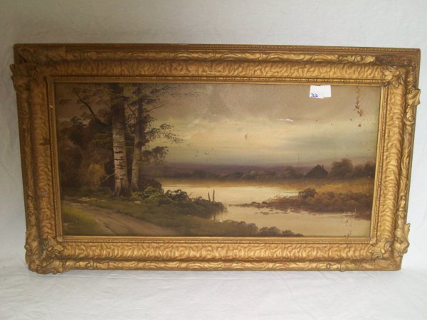 ARTWORK/PAINTING: OIL ON BOARD BIRCHES/LAKE SCENE UNSIGNED. SOME STAINING. 34 INCHES WIDE X 20 INCHES HIGH
