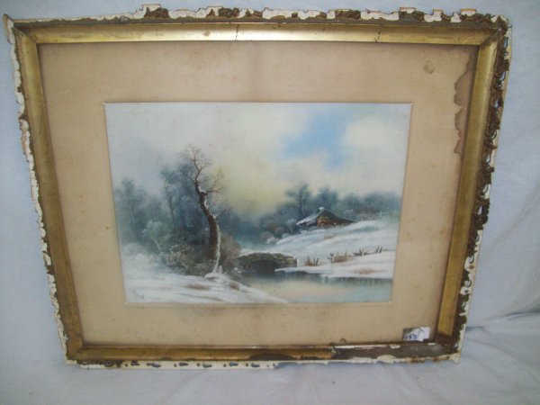 ARTWORK/PAINTING: PASTEL CABIN WINTER SCENS SIGNED WARD. 27 1/2 INCHES HIGH X 15 1/2 INCHES WIDE