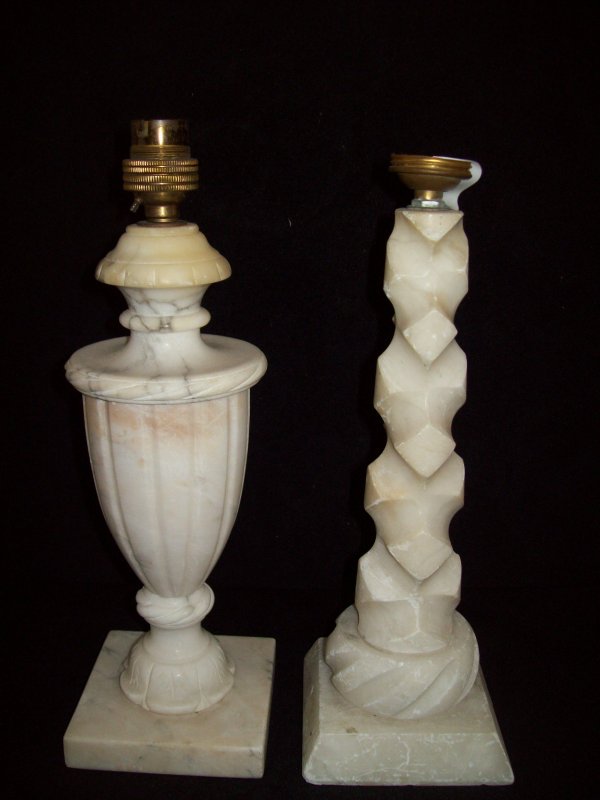 LIGHTING: 2 ALABASTER LAMP BASES. SCRATCHES. 12 INCHES HIGH