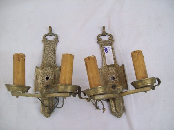LIGHTING: PAIR HAND HAMMERED ARTS & CRAFTS SCONCES. 12 INCHES HIGH X 10 INCHES WIDE