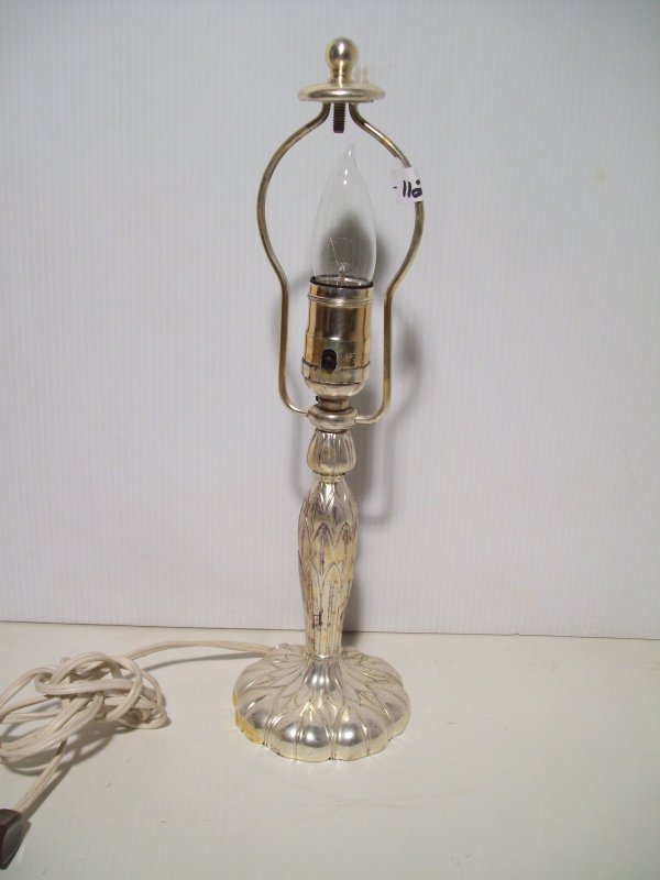 LIGHTING: PAIRPOINT SIGNED SILVER PLATE LAMP BASE. SOME WEAR. 14 INCHES HIGH X 4 INCHES WIDE