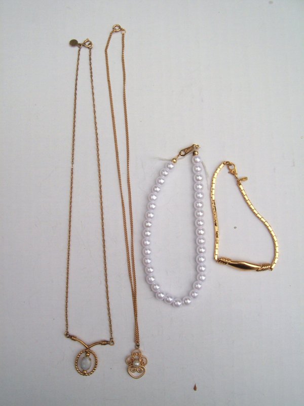 JEWELRY: 4 PIECES- 2 SIGNED BRACELETS- CLAIRES, MONET. 2 SIGNED NECKLACES- BB 12K G.F.; WINARD 24K G.F.