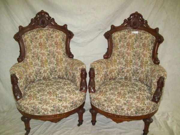 FURNITURE: PAIR RARE JOHN JELLIFF CARVED MAN'S HEAD ARM CHAIRS. CHIP TO MANS FACE, MINOR SCUFF ON BACK. 45 INCHES HIGH X 29 INCHES WIDE X 24 INCHES DEEP