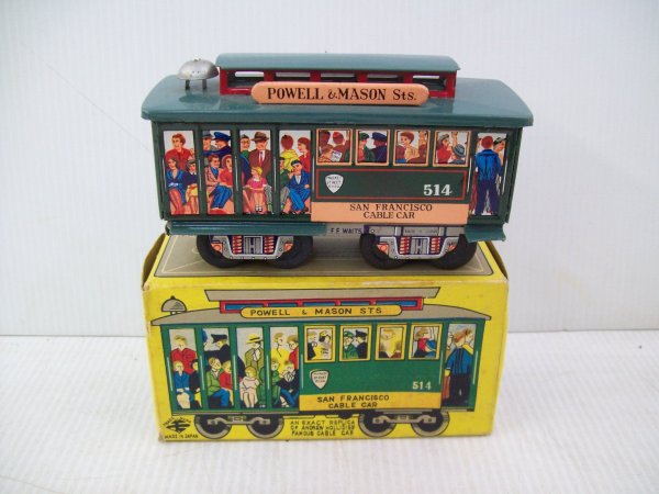 TOYS : POWELL & MASON STS CABLE CAR MINT IN BOX SAN FRANCISCO CO. CABLE CAR WITH BOX WEAR/TEARS/STAINS 6 1/2X3 1/2X2 1/2