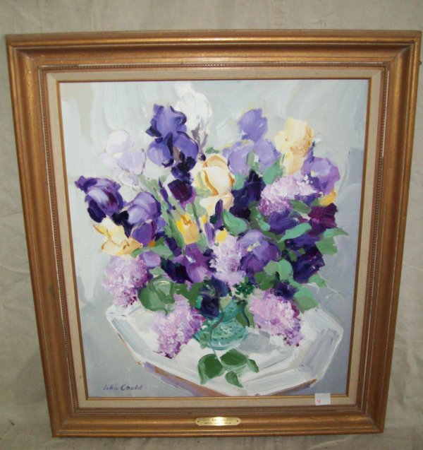 ART: OIL ON BOARD SIGNED JOHN GOULD FLORAL PURPLE IN COLOR 30H X 26W