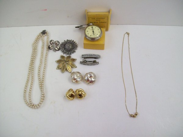 COSTUME JEWLRY: COSTUME JEWELRY INCLUDING PIN; NEW HAVEN POCKET WATCH; CLIP ON EARINGS.