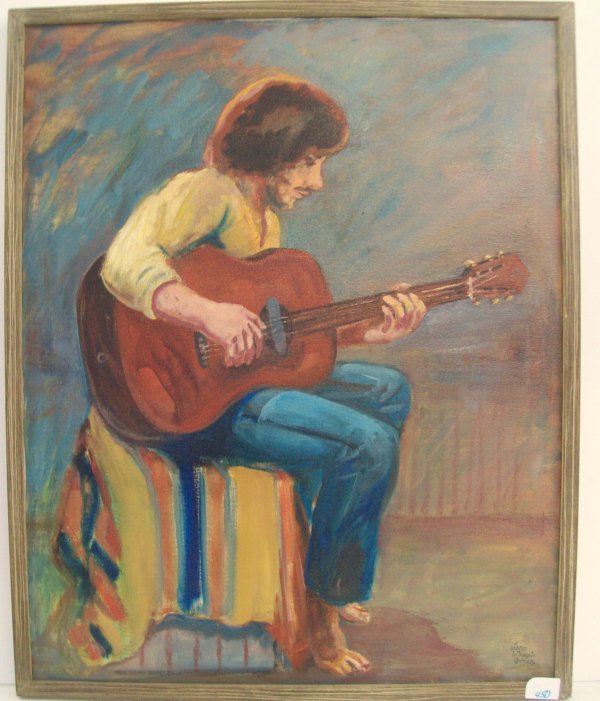 OIL ON CANVAS MAN PLAYING GUITAR SIGNED JANE WHIPP: OIL ON CANVAS MAN PLAYING GUITAR SIGNED JANE WHIPPLE GREEN. MINOR STAINING. 25 INCHES WIDE X 31 HIGH
