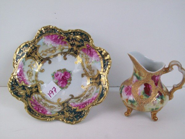 HAND PAINTED PITCHER & BOWL: HAND PAINTED PITCHER & BOWL- BOWL SIGNED NIPPON. 7 INCHES X 2 INCHES