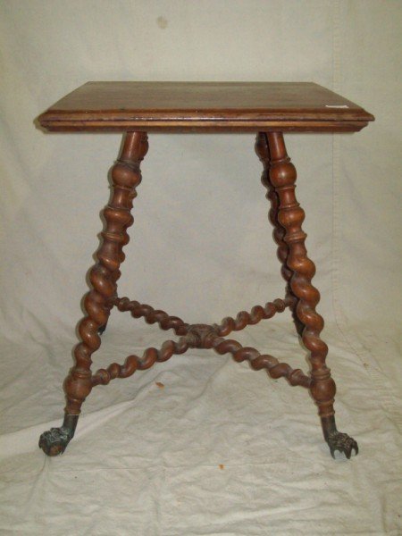 BALL & CLAW FOOT TABLE: BALL & CLAW FOOT TABLE WITH SPIRAL LEGS. LACKING BALLS ON FEET. 29 INCHES 24 INCHES