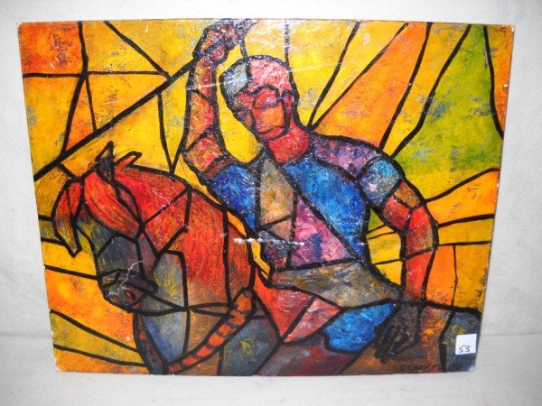 OIL ON BOARD SIGNED: OIL ON BOARD MAN ON HORSE ABSTRACT SIGNED SIDNEY M. 1969. PAINT LOSS, SCRATCHES. 16 INCHES X 20 INCHES
