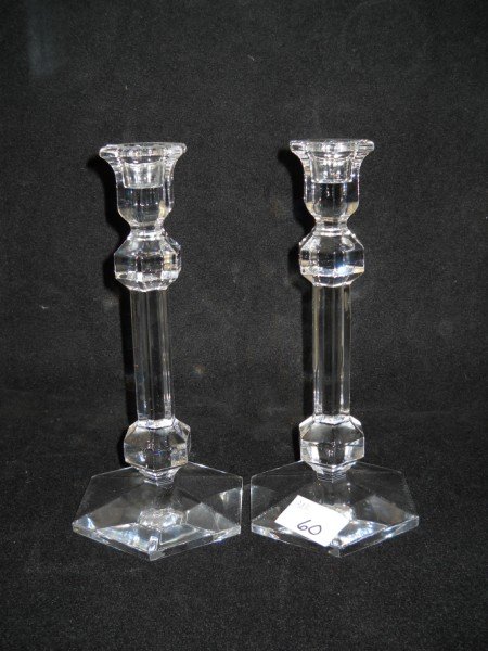PAIR VAL ST. LAMBERT CRYSTAL CANDLE HOLDERS: PAIR VAL ST. LAMBERT CRYSTAL CANDLE HOLDERS. 9 1/2 INCHES HIGH X 4 1/2 INCHES WIDE