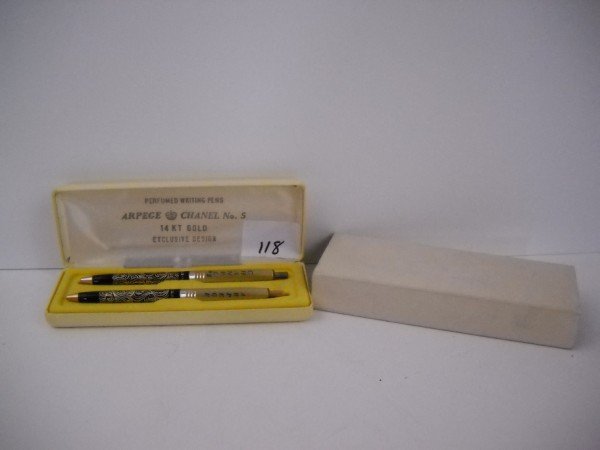ARPEGE CHANEL NO. 5 PEN SET: ARPEGE CHANEL NO. 5 PERFUMED WRITING PEN SET 14 KT GOLD IN ORIGINAL BOX. SOME WEAR. 6 INCHES X 2 1/2 INCHES