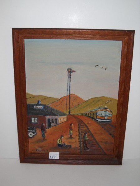 OIL ON BOARD SIGNED: OIL ON BOARD TRAIN STOP SCENE SIGNED F.O. STEIN. 14 INCHES X 18 INCHES