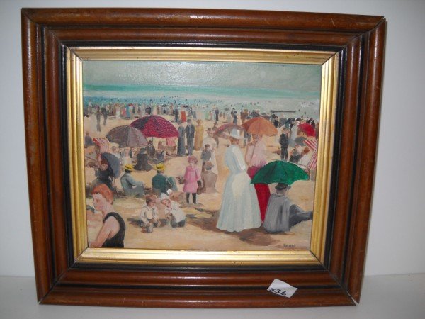 OIL ON CANVAS SIGNED: OIL ON CANVAS BEACH SCENE SIGNED ARMAN. SCRATCHES TO FRAME. 16 INCHES WIDE X 14 INCHES HIGH