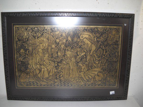 FRAMED RELIGIOUS ARTWORK: LARGE FRAMED RELIGIOUS ARTWORK. CHIPS TO FRAME. 40 INCHES WIDE X 28 INCHES HIGH
