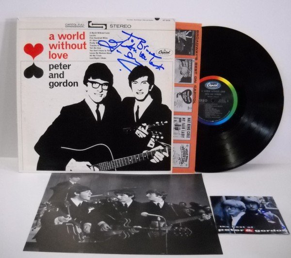 RECORD ALBUM: RECORD ALBUM A WORLD WITHOUT LOVE PETER AND GORDON, STEREO, CAPITOL RECORDS LABEL, WITH BEATLES POSTER, SIGNED "TO BRUCE, ALL THE BEST, GORDON"