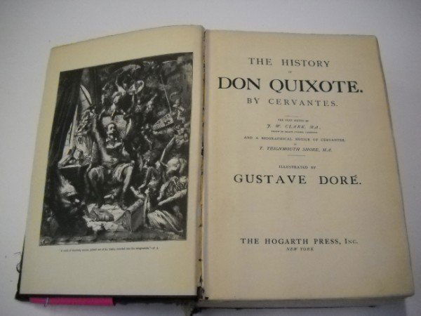 BOOK: DON QUIXOTE BY CERVANTES WITH ILLUSTRATIONS BY GUSTAVE DORE. COVER NOT ATTACHED, FOXING, USED CONDITION, PAGES SEPARATED. 10 INCHES HIGH X 6 1/2 INCHES WIDE