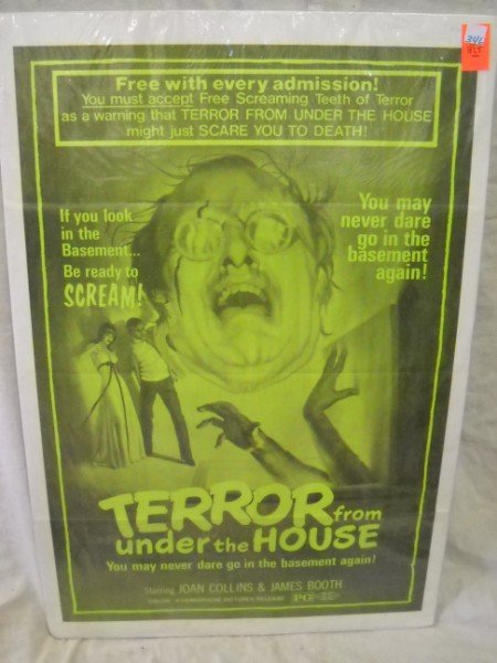 POSTER: TERROR FROM UNDER THE HOUSE POSTER STARRING JOAN COLLINS & JAMES BOOTH. USED CONDITION. 27 INCHES X 42 INCHES