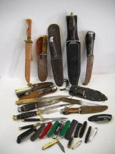 KNIVES: COLLECTION OF VARIOUS KNIVES INCLUDING POCKET KNIVES; HUNTING; DAGGER. LARGEST MEASURES 16 INCHES LONG