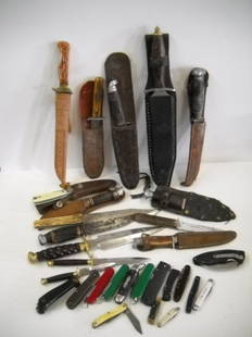 KNIVES: COLLECTION OF VARIOUS KNIVES INCLUDING POCKET KNIVES; HUNTING; DAGGER. LARGEST MEASURES 16 INCHES LONG