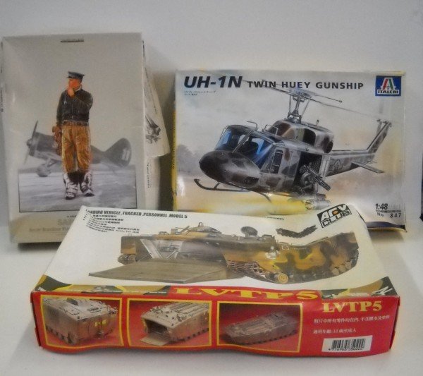 MODEL KIT: 3 MODEL KITS INCLUDING UH-IN TWIN HUEY GUNSHIP BY ITALERI; LVTP5 BY ARV CLUB; BORIS SAFONOV LT. COL. BY EDUARD. OPENED; USED CONDITION.