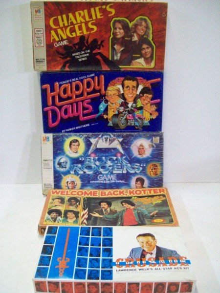 GAMES: 5 BOARD GAMES INCLUDING: CHARLIE'S ANGEL'S; WELCOME BACK KOTTER; HAPPY DAYS; BUCK ROGERS. USED CONDITION. 19 INCHES X 10 INCHES