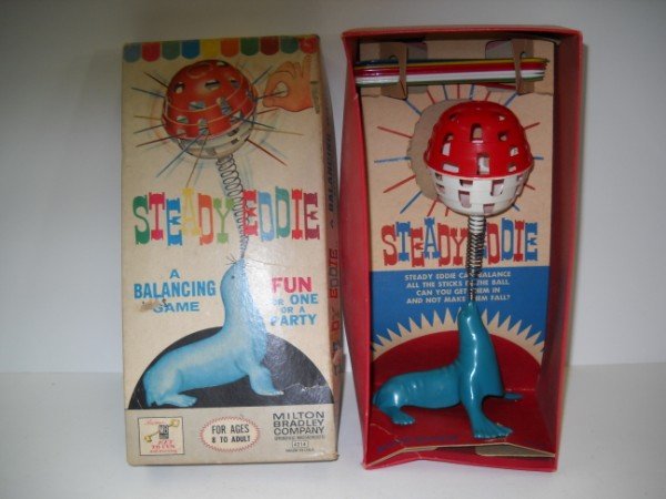 TOY: STEADY EDDIE BALANCING GAME BY MILTON BRADLEY COMPANY. 11 INCHES HIGH X 5 INCHES WIDE