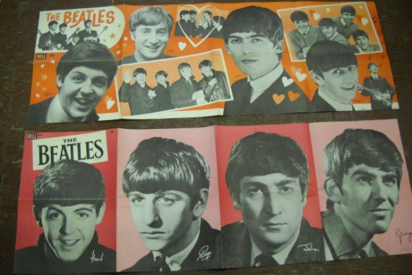 POSTER: 2 BEATLES POSTERS BY DELL PUBLISHING INC., NEMS ENT. STAMPED FEB. 27, 1964. STAIN; CREASES; TEAR. 52 INCHES X 19 INCHES