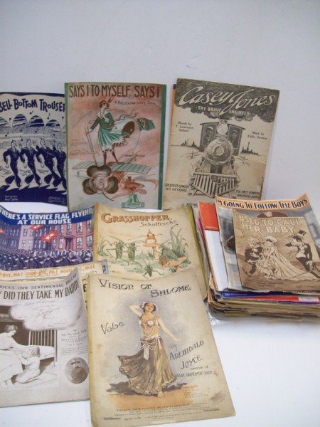SHEET MUSIC: COLLECTION OF SHEET MUSIC & MAGAZINES. WRITTEN ON; TEARS; STAINS; CREASES; FOXING. LARGEST MEASURES 13 1/2 INCHES HIGH X 11 INCHES WIDE