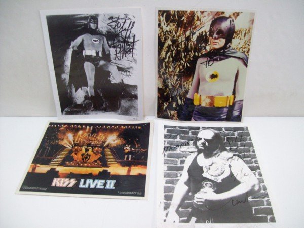 PHOTOS: 2 BATMAN PHOTOS SIGNED ADAM WEST; 1 KISS LIVE II PHOTO STICKER; WRESTLING PHOTO SIGNED ILLEG. LARGEST MEASURES 11 INCHES X 9 INCHES