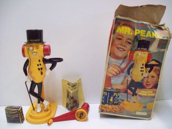 TOY: MR. PEANUT PEANUT BUTTER MAKER IN ORIGINAL BOX. MADE IN HONG KONG NO 3333. BOX TAPED; TORN; USED CONDITION. 13 INCHES HIGH X 7 1/2 INCHES WIDE