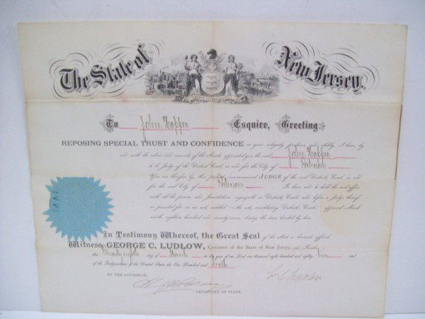 CERTIFICATE: CERTIFICATE FROM THE GOVENOR (GEORGE C. LUDLOW) OF THE STATE OF NEW JERSEY TO JOHN HOPPER, SIGNED & DATED MARCH 28, 1882. FOXING; CREASES. 17 INCHES WIDE X 14 INCHES HIGH
