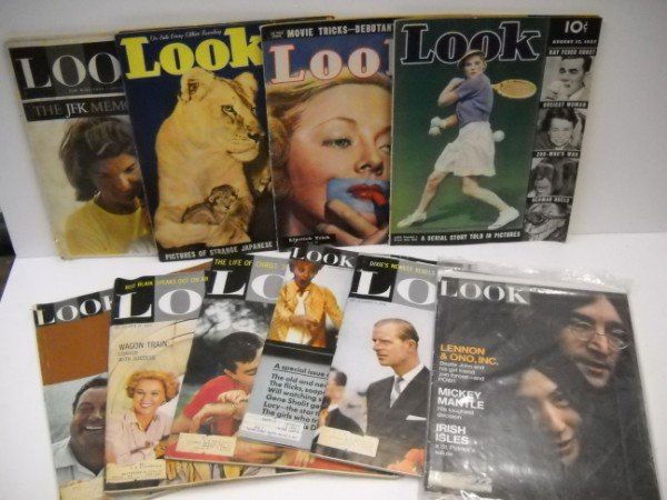 MAGAZINES: COLLECTION OF LOOK MAGAZINES INCLUDING: JOHN LENNON & YOKO ONO; ELIZABETH II. CREASES; TEAR; USED CONDITION. 13 1/2 INCHES X 10 1/2 INCHES.