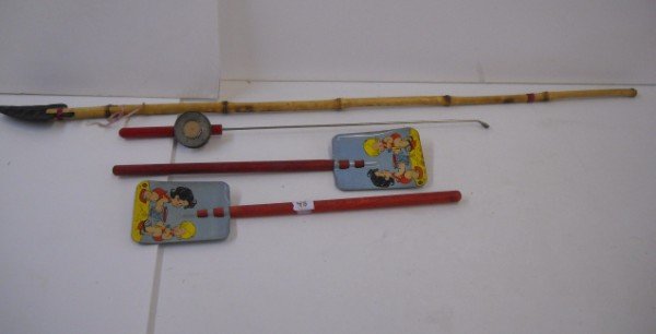 TOYS: 2 TIN LITHO SAND SHOVELS BY OHIO ART; TOY FISHING POLE; BAMBOO SPEAR WITH RUBBER TIP. SCRATCHES; USED CONDITION. LARGEST MEASURES 42 1/2 INCHES