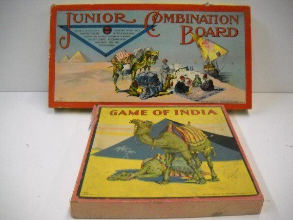 BOARD GAMES: 2 BOARD GAMES INCLUDING JUNIOR COMBINATION BOARD #4927 BY BRADLEY'S 1905; GAME OF INDIA #4043 BY MILTON BRADLEY, EARLY 1900'S. BOXES TORN; USED CONDITION. LARGEST MEASURES 17 INCHES X 9 INCHES