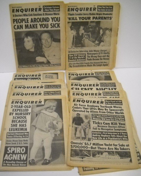 NEWSPAPERS: NATIONAL ENQUIRER NEWSPAPERS WITH BURL IVES; JERRY RUBIN; ANDY WILLIAMS. FOXING; TEARS; USED CONDITION. 15 INCHES X 11 INCHES
