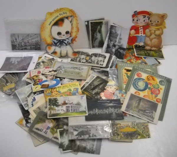 POSTCARDS/GREETING CARDS: COLLECTION OF VARIUS POSTCARDS; STEREO OPTIC VIEW CARDS & GREETING CARDS. SOME WRITTEN ON; CREASES; BENT; USED CONDITION,