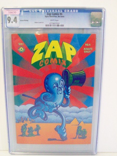 ZAP COMIX UNDERGROUND COMIC BOOKS: ZAP COMIX #4, APEX NOVELTIES, NO DATE, SECOND PRINTING. ROBERT CRUMB ART. GRADED 9.4 CGC UNIVERSAL GRADE. UNDERGROUND COMIC BOOKS. CALL 845-457-7550 OR EMAIL STERLINGAUCTION@AOL.COM FOR FULL CONDITION