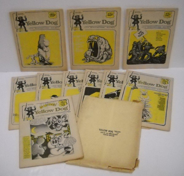 YELLOW DOG TABLOIDS UNDERGROUND COMIC BOOK: 5TH ANNIVERSARY LIMITED EDITION YELLOW DOG #1-12 TABLOIDS, WITH JOHN THOMPSON, ROBERT CRUMB, JOEL BLACK, GRIFFIN, S. CLAY WILSON. 1968 VERY GOOD CONDITION. WITH 5TH ANN. ENVELOPE. UNDERGROUND COMIC BO
