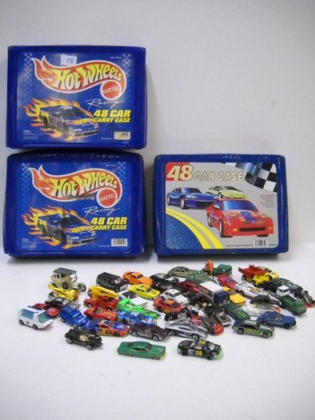 TOY CARS: HOT WHEELS 48 CAR CARRY CASES; DIE CAST CARS INCLUDING HOT WHEELS; MATCHBOX; LESNEY'S. APPROX 48 CARS/TRUCKS. CALL 845-457-7550 OR EMAIL STERLINGAUCTION@AOL.COM FOR FULL CONDITION REPORT, SHIPPING/PAC