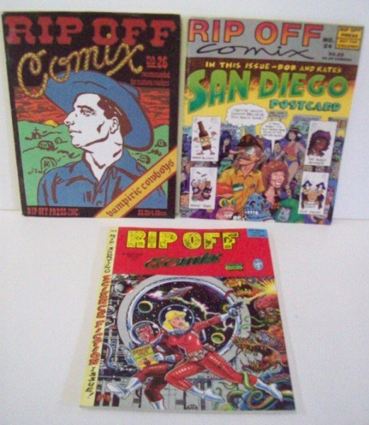 RIP OFF COMICS UNDERGROUND COMIC BOOKS: 3 RIP OFF COMICS: 1990 NO. 26; 1989 NO. 23; 1989 FALL NO. 24. UNDERGROUND COMIC BOOKS. CALL 845-457-7550 OR EMAIL STERLINGAUCTION@AOL.COM FOR FULL CONDITION REPORT, SHIPPING/PACKING QUOTES PRIOR TO BI