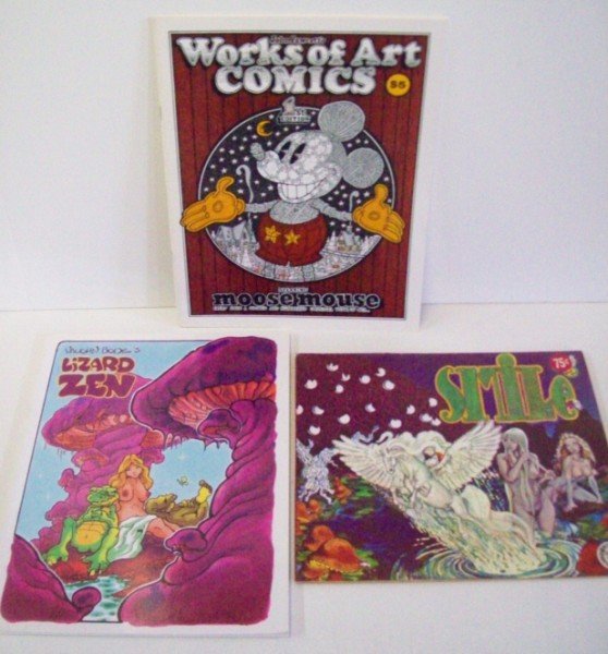 SMILE; LIZARD ZEN; WORKS OF ART COMICS UNDERGROUND: VAUGH BODE'S LIZARD ZEN, 1ST PRINTING JAN. 1999; SMILE VOL 2 NO.2; JOHN FAWCETT'S WORKS OF ART COMICS STARRING MOOSE MOUSE SIGNED BY FAWCETT & # 559/2000 NEAR MINT CONDITION. UNDERGROUND COMIC BOOKS. 