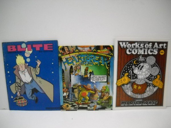 BLITE; HEARTBREAK; WORKS OF ART COMICS, UNDERGROUN: BLITE COMICS MAY 1989 BY PHIL ELLIOT; HEARTBREAK COMICS 1984 BOG WELL COVER; JOHN FAWCETT;S WORKS OF ART COMICS STARRING MOOSE MOUSE SIGNED BY FAWCETT & # 566/2000 NEAR MINT CONDITION. UNDERGROUND COM