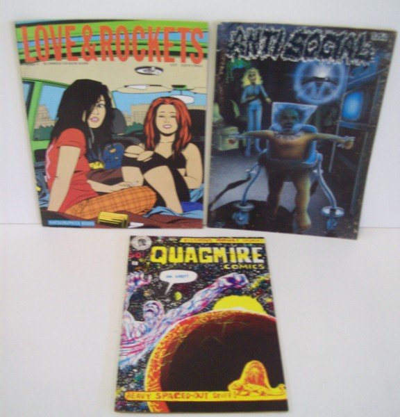 LOVE & ROCKETS; ANTISOCIAL; QUAGMIRE COMICS, UNDER: QUAGMIRE COMICS VOL. 1 NO. 1 SUMMER 1970; LOVE & ROCKETS NO. 31 DEC. 1989; ANTISOCIAL NO. 2 1983. UNDERGROUND COMIC BOOKS. CALL 845-457-7550 OR EMAIL STERLINGAUCTION@AOL.COM FOR FULL CONDITION REPORT,