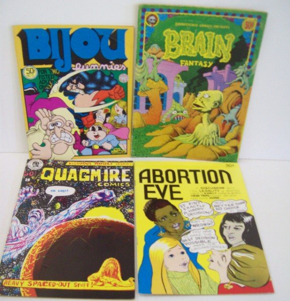 BIJOU; QUAGMIRE; ABORTION EVE; BRAIN FANTASY UNDER: QUAGMIRE COMICS VOL. 1 NO. 1 SUMMER 1970; EXORPSYCHIC COMICS PRESENTS BRAIN FANTASY 2972 BY RICK SHUBB, ROBERT INWOOD & GEORGE METZGER; ABORTION EVE 1973 BY CHIN LYVELY & JOYCE SUTTON; BIJOU FUNNIES V