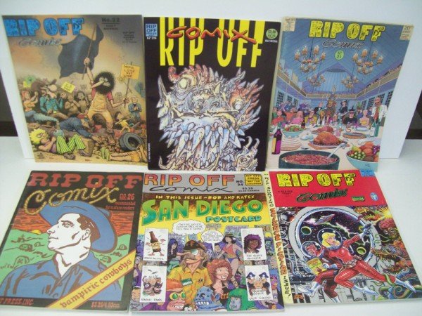 RIP OFF COMICS UNDERGROUND COMIC BOOKS: 6 RIP OFF COMIX: NO. 26 MARCH 1990; NO. 24 FALL 1989; NO. 23 1989; NO 21 WINTER 1988; NO 29 1990; NO. 22 SPRING 1989. UNDERGROUND COMIC BOOKS. CALL 845-457-7550 OR EMAIL STERLINGAUCTION@AOL.COM FOR FU