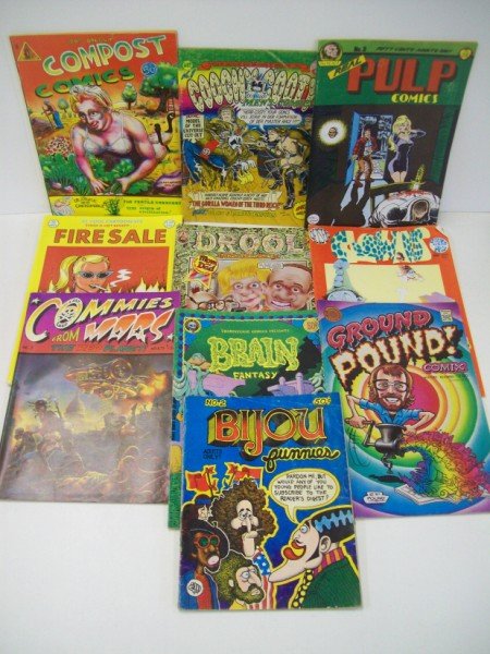 PULP COMICS; DROOL; COMPOST; FIRE SALE UNDERGROUN: BIJOU FUNNIES VOL 1 #2 1969; EXORPYCHIC COMICS PRESENTS BRAIN FANTASY; GROUND POUND COMIX JAN 1987; COMMIES FROM MARS THE RED PLANET #2 1979; CLOWNS 1972; DROOL MAGAZINE VOL 1 #1 1972; FIRE SALE 1989;