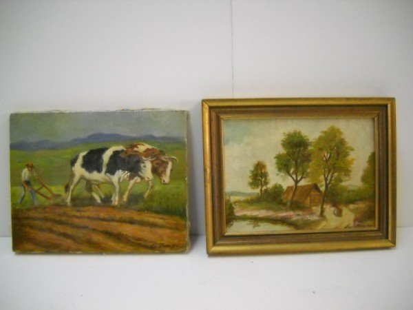 OIL ON CANVAS: 2 OIL ON CANVASES FARMER IN FIELD SCENE & HOUSE SCENE, BOTH SIGNED LA FINGE?. 1 UNFRAMED. FRAMED MEASURES 7 1/2 INCHES X 9 1/2 INCHES. CALL 845-457-7550 OR EMAIL STERLINGAUCTION@AOL.COM FOR FULL CONDI